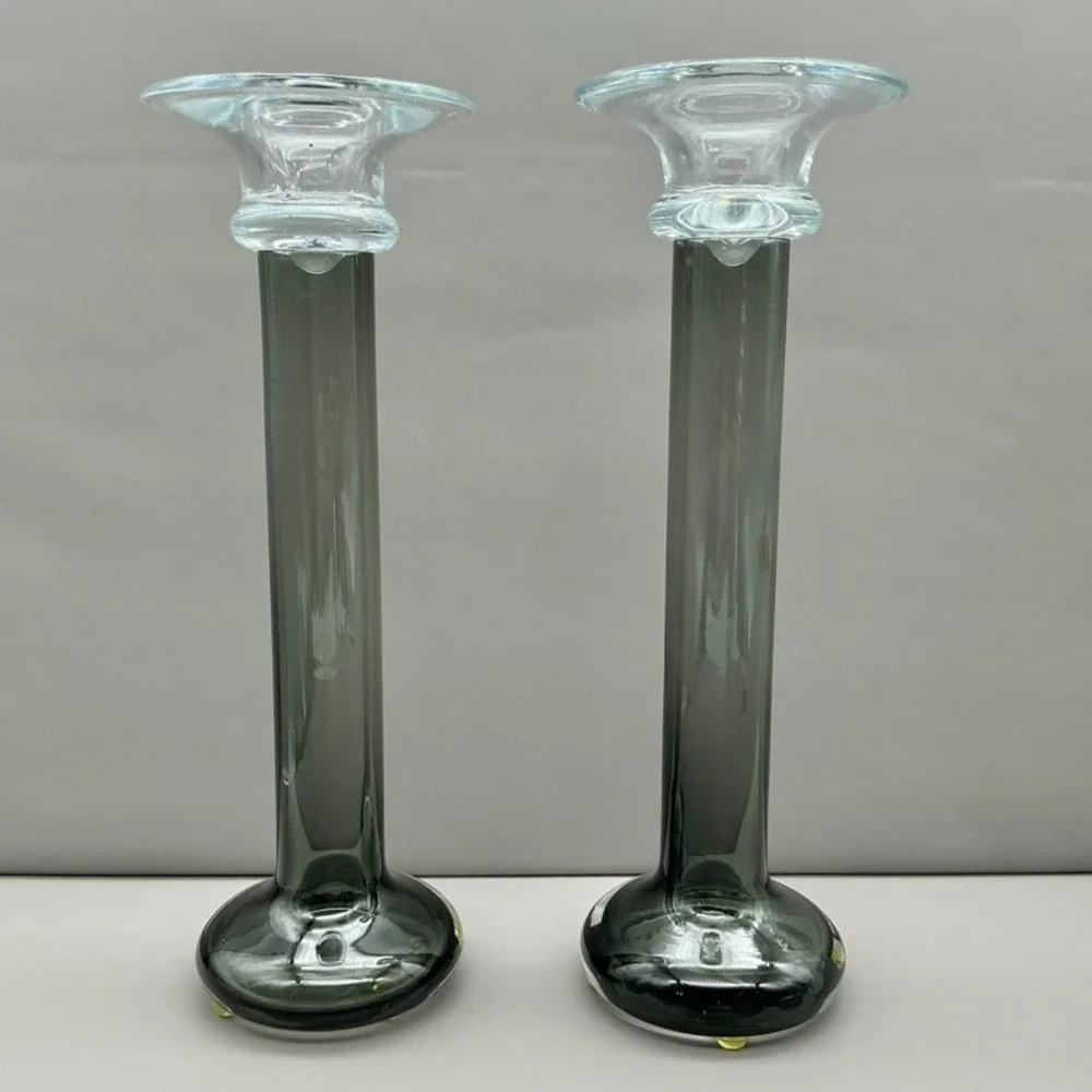 Mikasa Southport Glass Candlesticks Pair Black Clear Taper Candle Holders 11.75